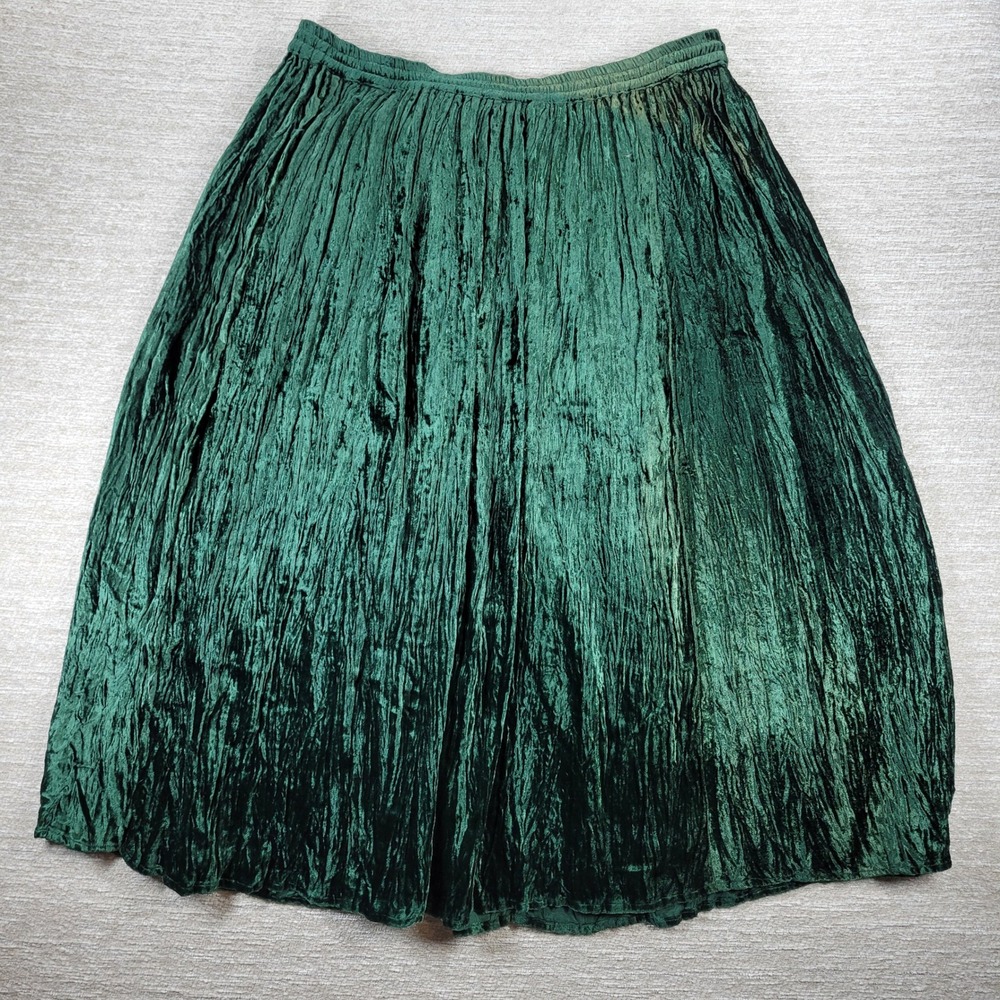 VTG Crushed Velvet Maxi Skirt Green Rayon Beaded Drawstring India Size Medium